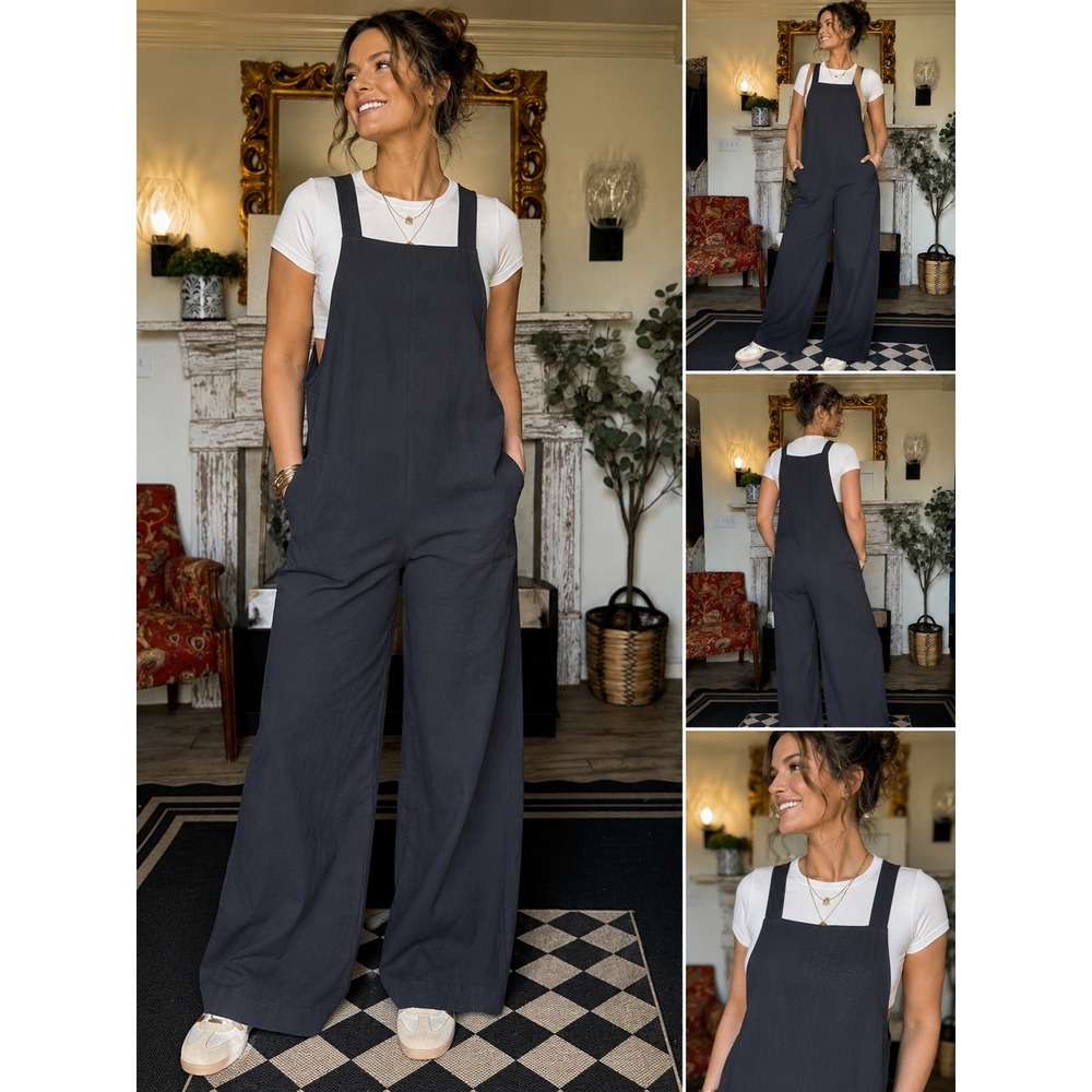 Charcoal Gray Wide Leg Overalls Bib Front Relaxed Dungarees XL